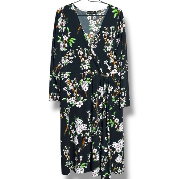 Yock Black Label Floral Black Faux Wrap Front Long Sleeve V-Neck Midi Dress - Picture 2 of 16
